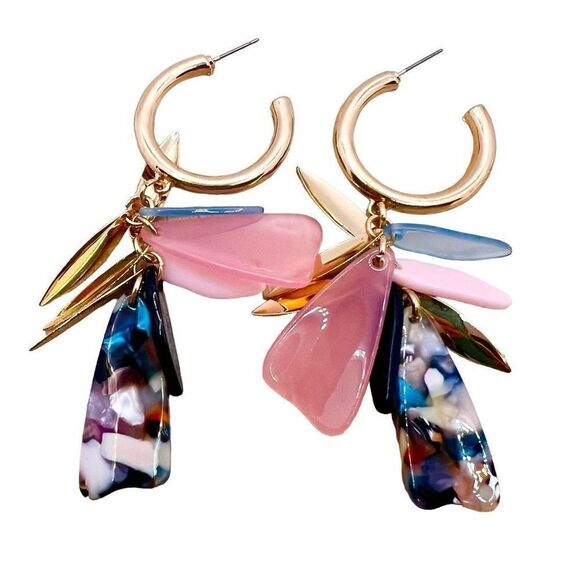 Gold tone and acrylic unique funky hoop post earrings - Picture 1 of 11
